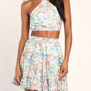 Lulus Petal Power Ivory Floral Print Tiered Mini Skirt and Top - Size S